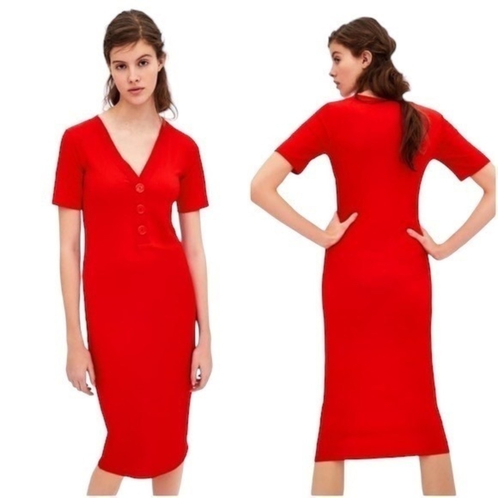 NEW Zara V-Neckline Short Sleeve Ribbed Midi Dress in Red